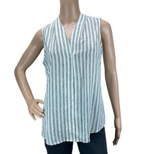 Fun 2 Fun Women's White Green Stripes Sleeveless V-Neck Pullover Blouse Size S